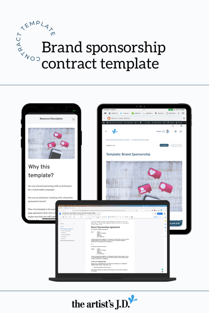 Screenshots of the Brand Sponsorship Contract template on a phone, tablet, and laptop