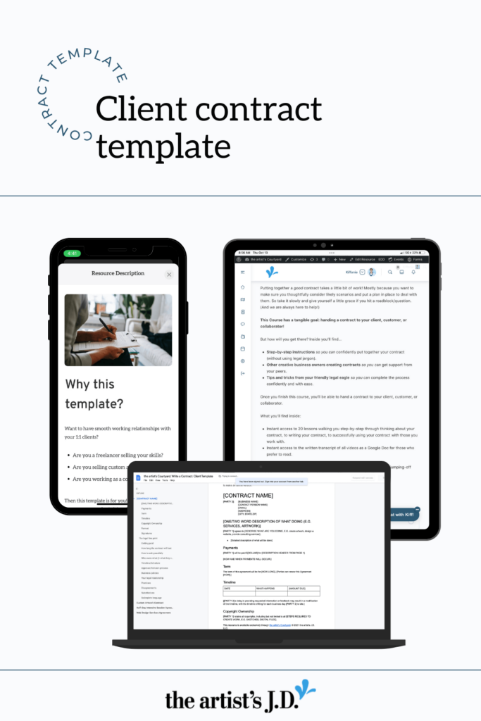Screenshots of the Client Contract template on a phone, tablet, and laptop