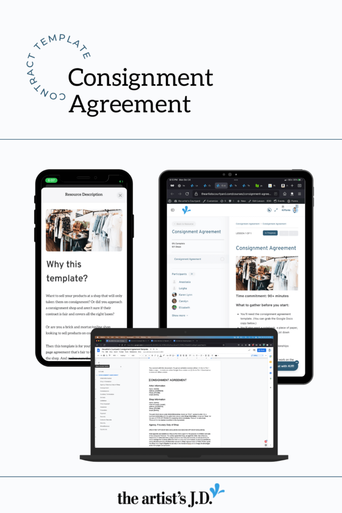 Screenshots of the Consignment Agreement template on a phone, tablet, and laptop