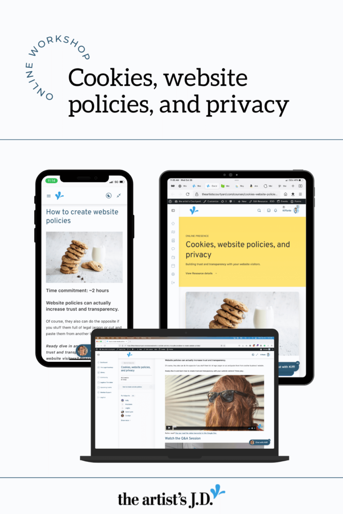 Screenshots of the Cookies, website policies, and privacy workshop on a phone, tablet, and laptop