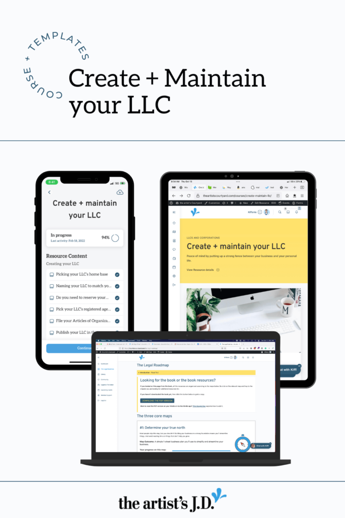 Screenshots of the Create + Maintain LLC Course on a phone, tablet, and laptop
