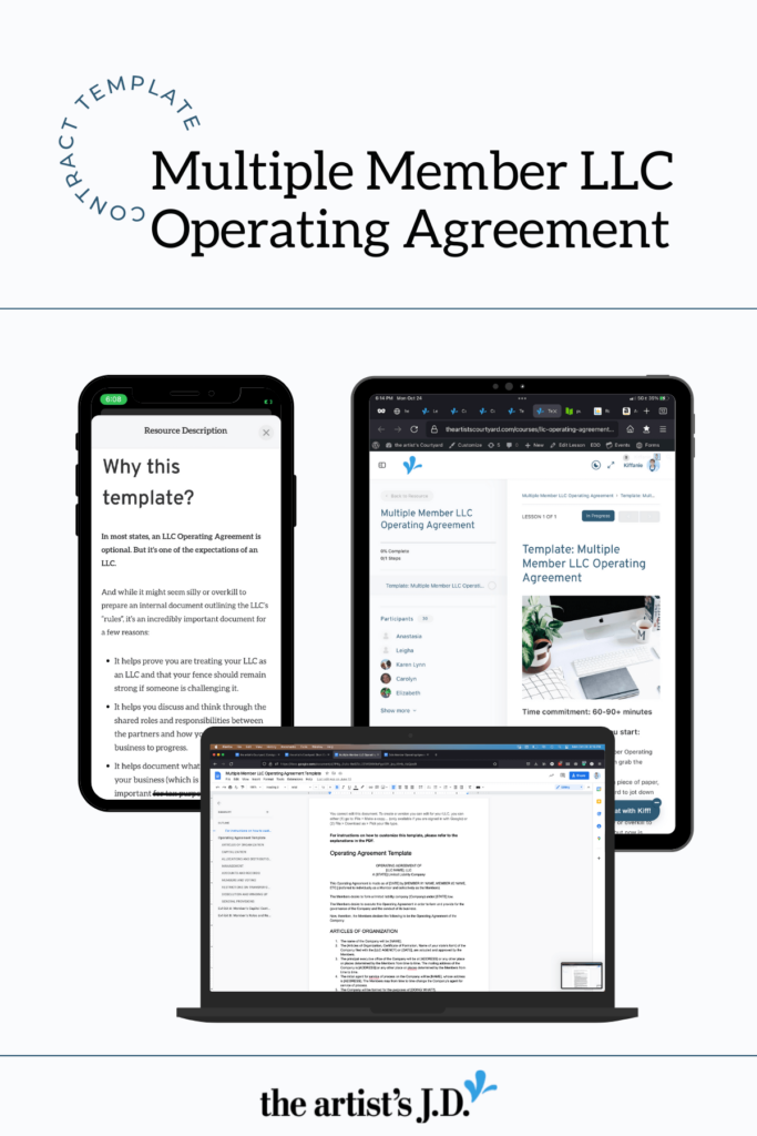 Screenshots of the Multiple Member LLC Operating Agreement template on a phone, tablet, and laptop