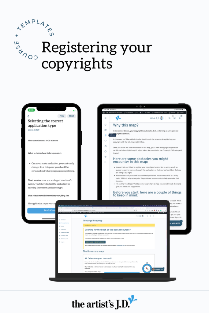 Screenshots of the Registering your copyrights course on a phone, tablet, and laptop