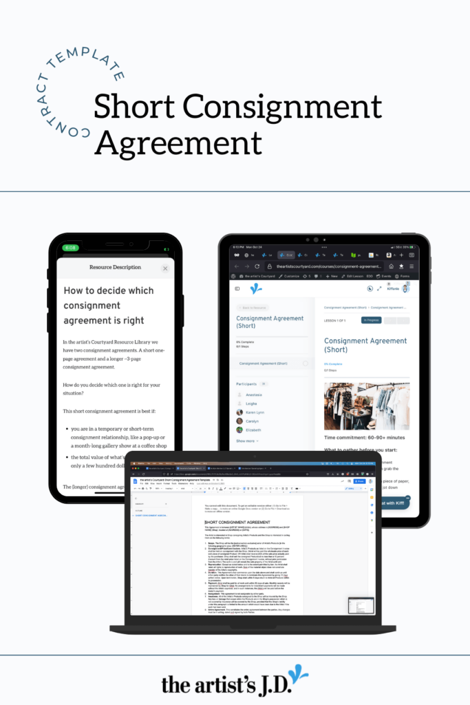 Screenshots of the Short Consignment Agreement template on a phone, tablet, and laptop
