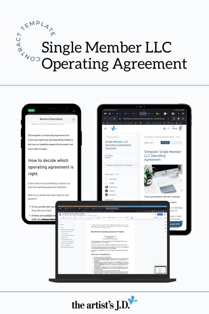 Screenshots of the Single Member LLC Operating Agreement template on a phone, tablet, and laptop
