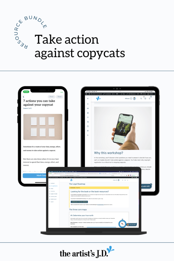 Screenshots of the Take Action against copycats bundle on a phone, tablet, and laptop